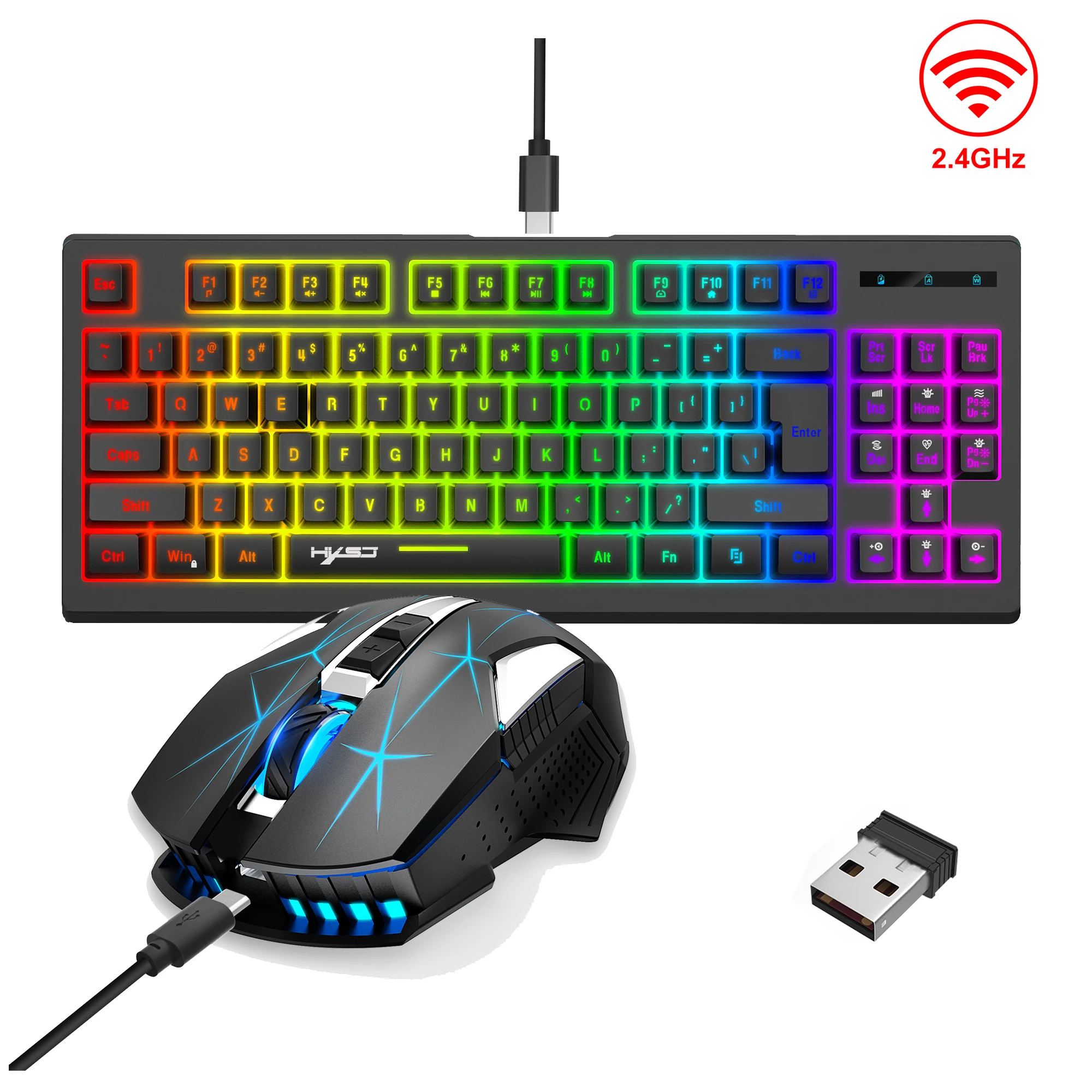 Rechargeable Wireless 87 Keys Keyboard Mouse Combos Kit 2.4G USB RGB Backlight Keyboard and Gaming Mice Set for Home Office