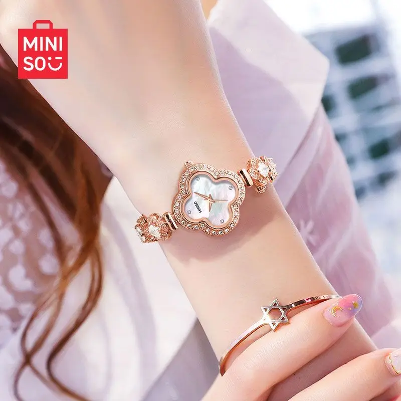 Miniso Delicate Chain Quartz Watch; Girls Bracelet Lucky Clover Waterproof Watches