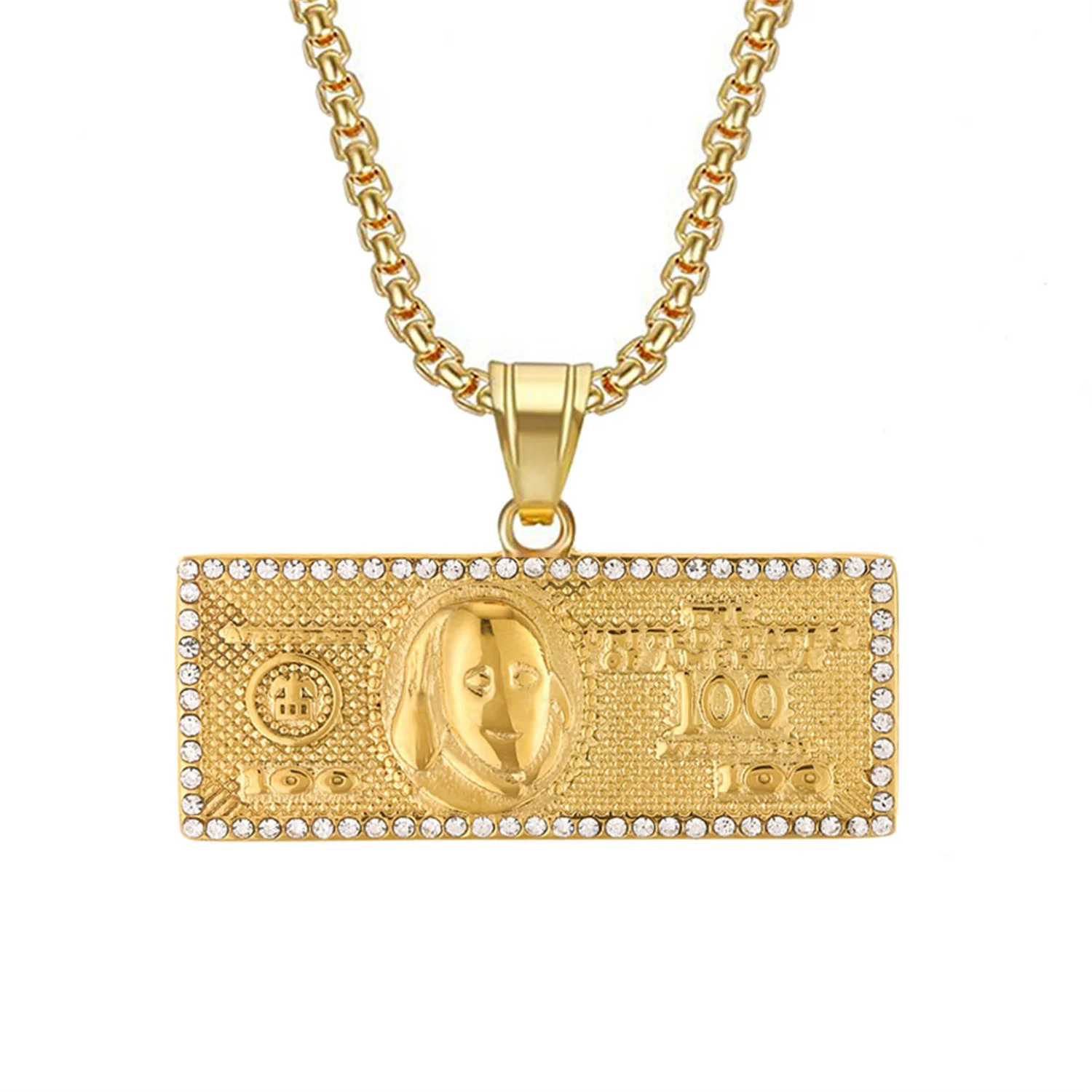 

Iced Out Bling $100 Dollar Pendant Dropshipping Gold Color Stainless Steel Money Necklace for Men Hip Hop Jewelry Gift