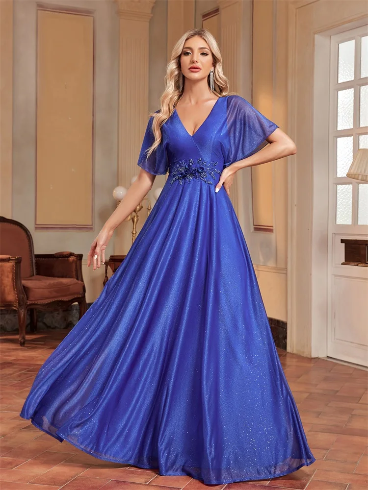 Lucyinlove Elegant Royal V-neck Formal Evening Dress 2024 Women Short Sleeves Applique Wedding Party Dresses Long Gowns