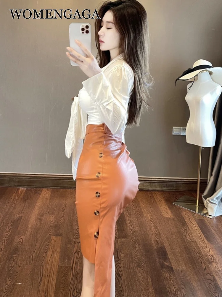 WOMENGAGA 2XL Sexy Hot Girls PU Leather Skirt Lace Up Waist Long Hips Wrapped Skirt OL Elegant Hot Sexy Korean Women Skirts IB4U