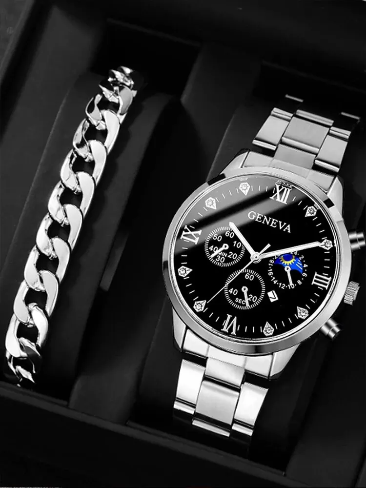 2pcs Fashion Business Calendar Men\'s Round Roman Scale Steel Band Quartz Watch with Trendy Chain Bracelet Set