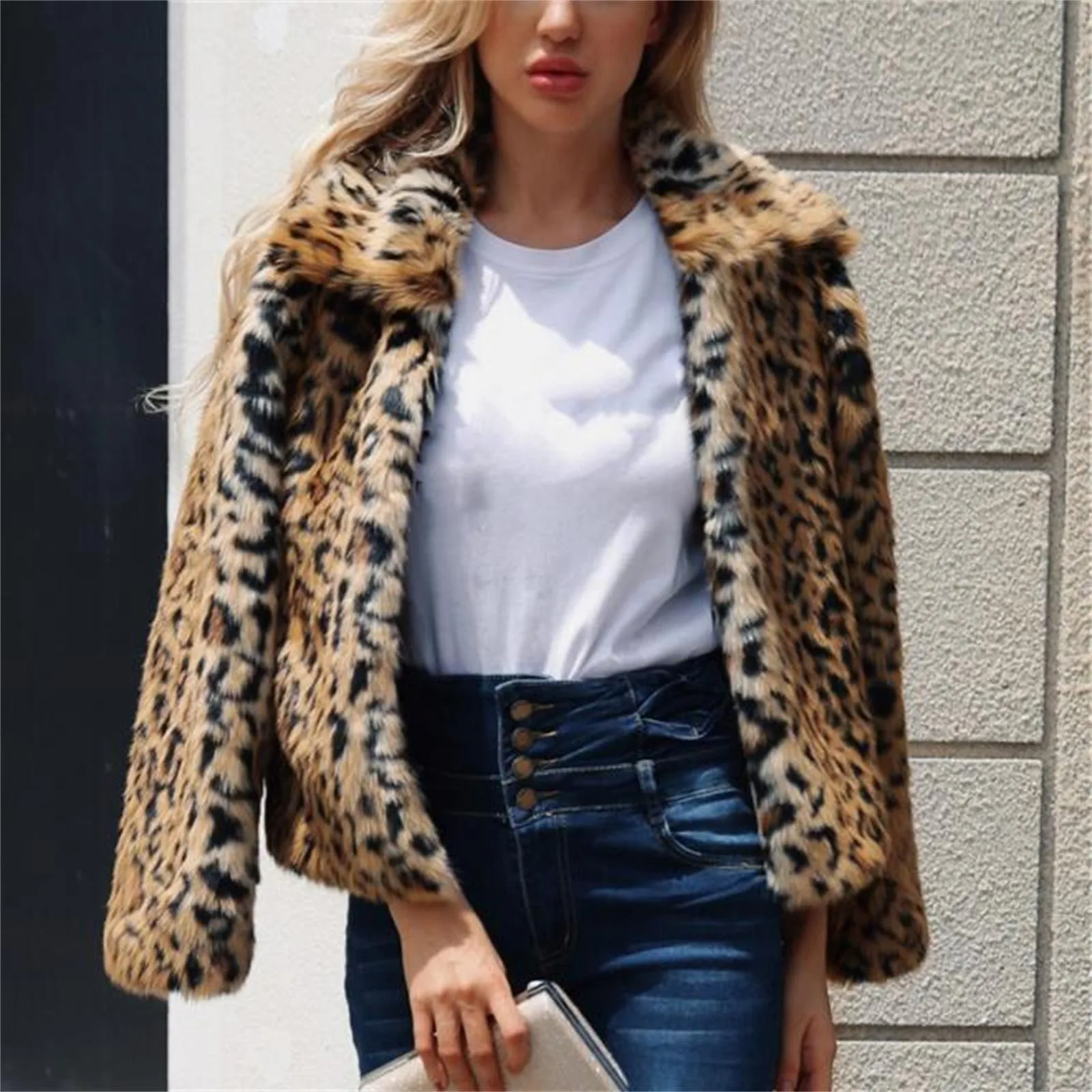 Women\'s Faux Fur Coat Winter Warm Luxury Hundred Fashion Lapel Leopard Print Cardigan Women\'s Long Sleeve Plush Faux Fur Jacket