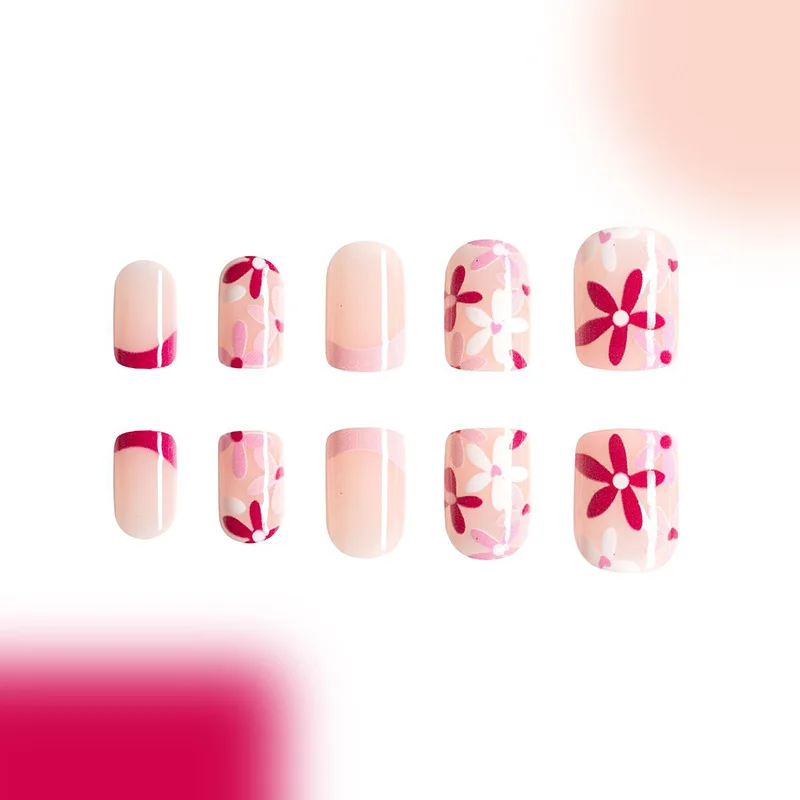 24Pcs Pink Frensh Nail Tips Spring/Summer Flower Square Press on Nails Full Cover Akrylowe paznokcie dla kobiet / dziewcząt Fałszywe paznokcie