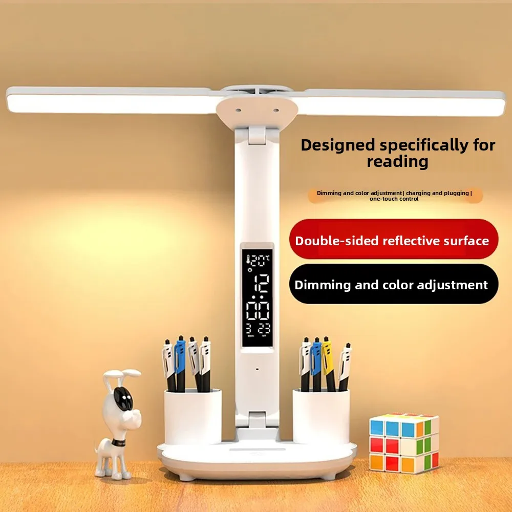 

Multi-Function LED Desk Lamp with Clock Pen Holder 3 Brightness Levels Touch Control Anti Blue Light Eye Protection Lamp