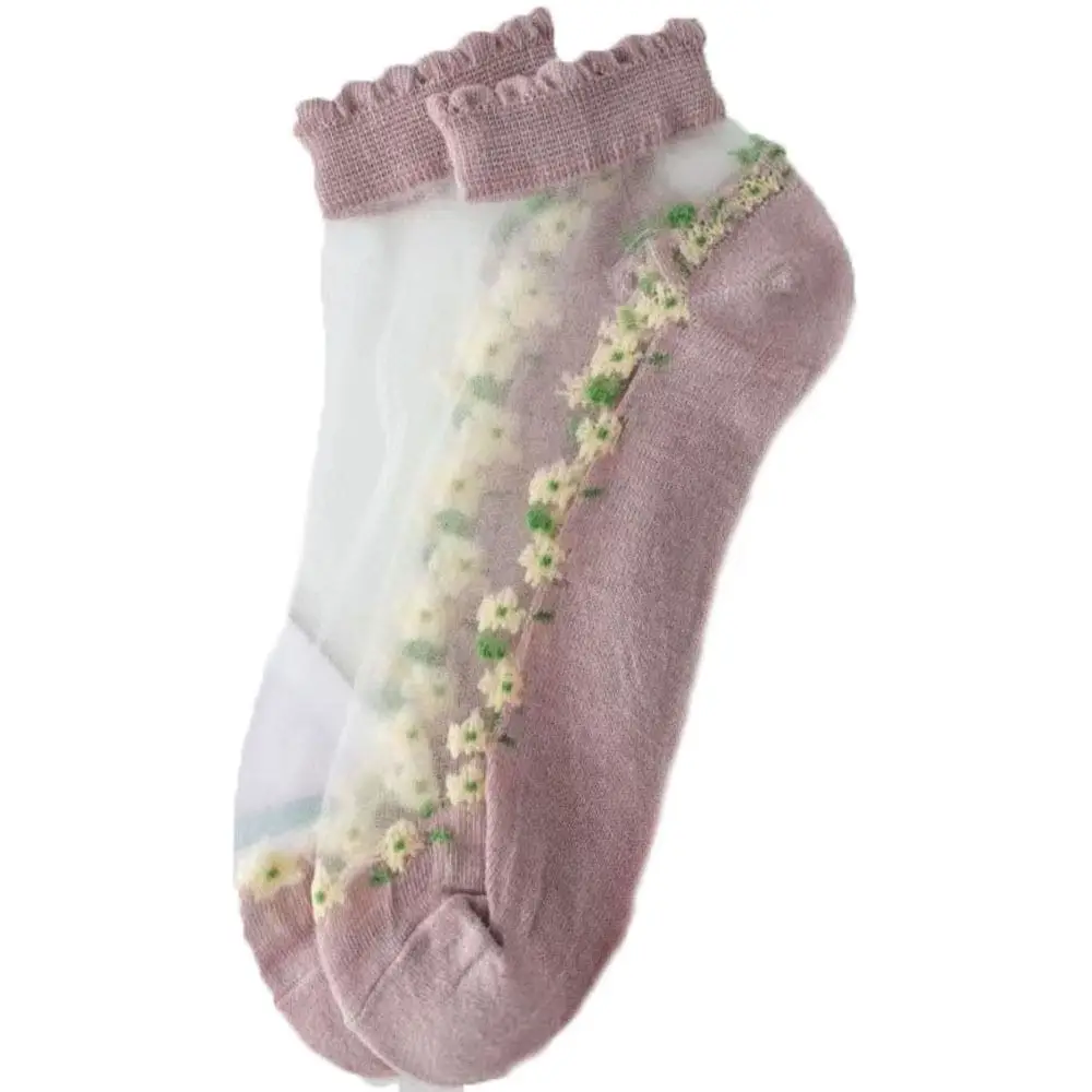 Cute Breathable Crystal Glass Silk Socks Silk Lace Lastic Socks Jacquard Transparent Short Socks