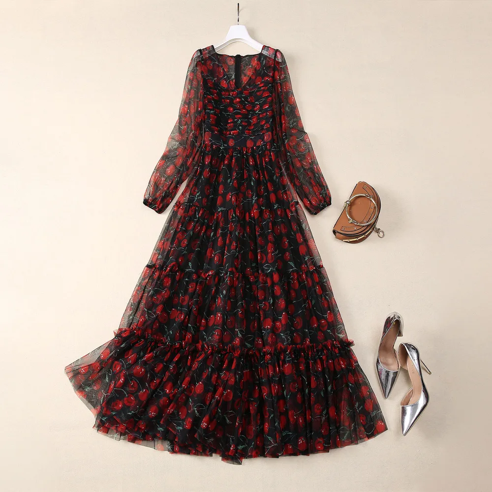 European and American women's clothing new summer V-neck Long sleeve cherry print Fashion pleated dress