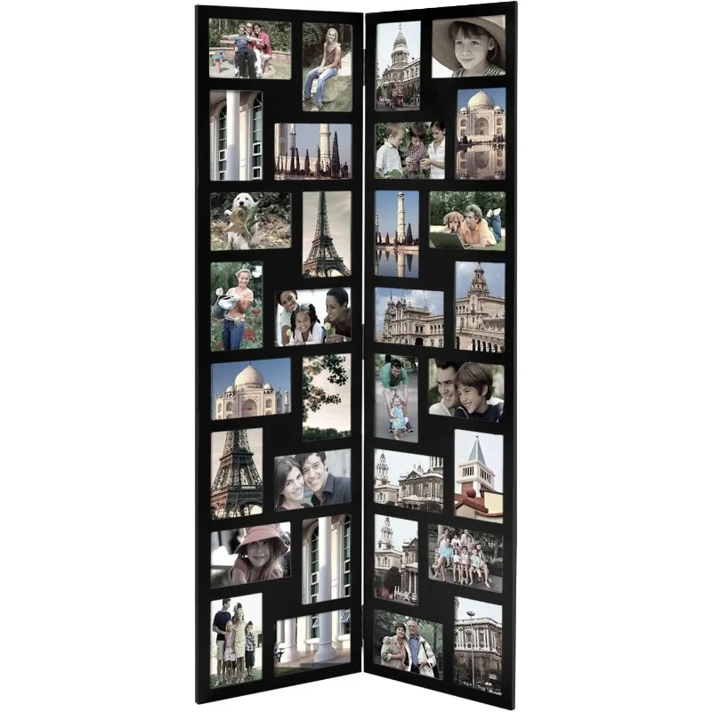 

Decorative 32 Openings 4 by 6 Inch Black Wood Hinged Folding Partition Screen-Style Collage Picture Photo Frame Floor Standing