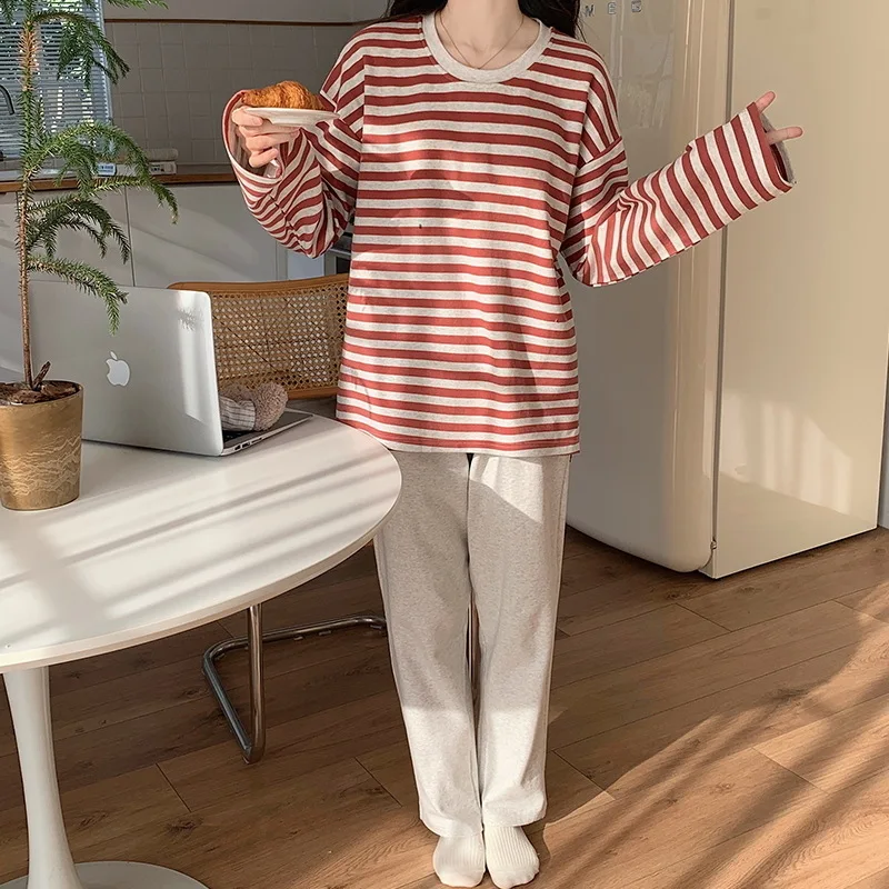 

Spring New Arrived Pajamas Set Women Comfort Cotton Stripe Long Sleeve Tops With Chest Pat Long Trousers Ladies Pullover Pjs Set