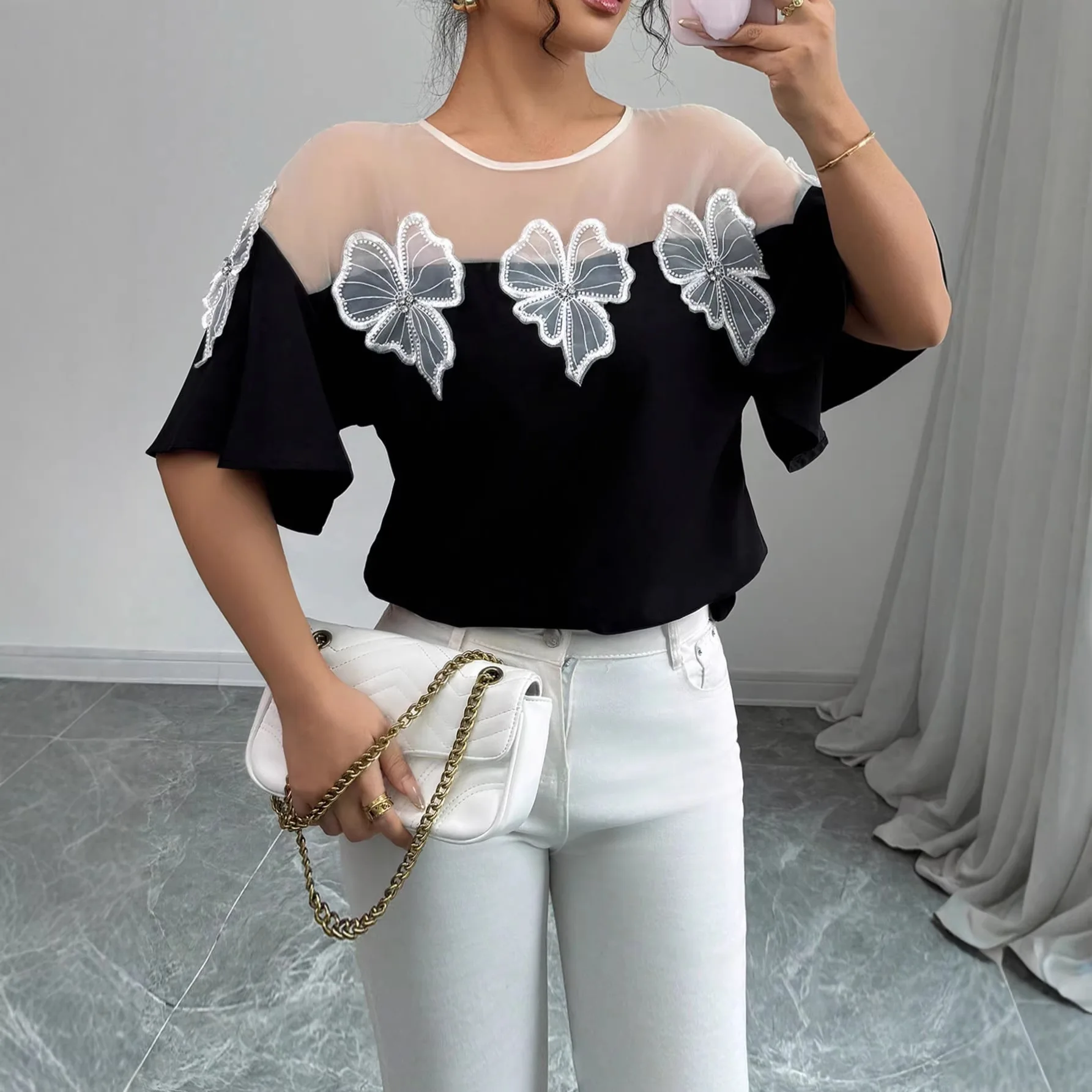 

2026 Summer New Women's Short-sleeved T-shirt Crew Neck Tulle Splicing Three-dimensional Flower Top