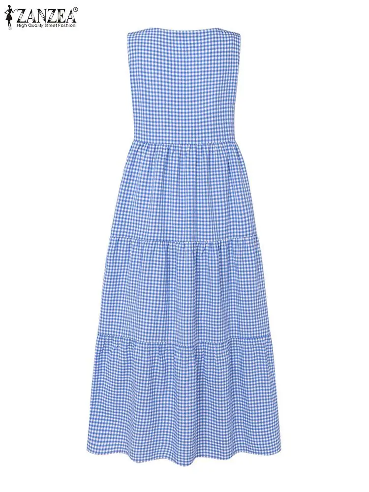 ZANZEA Bohemian Summer Plaid Checked Sundress Women Vintage V Neck Sleeveless Midi Dress Fashion Holiday Party Vestido Robe 2024