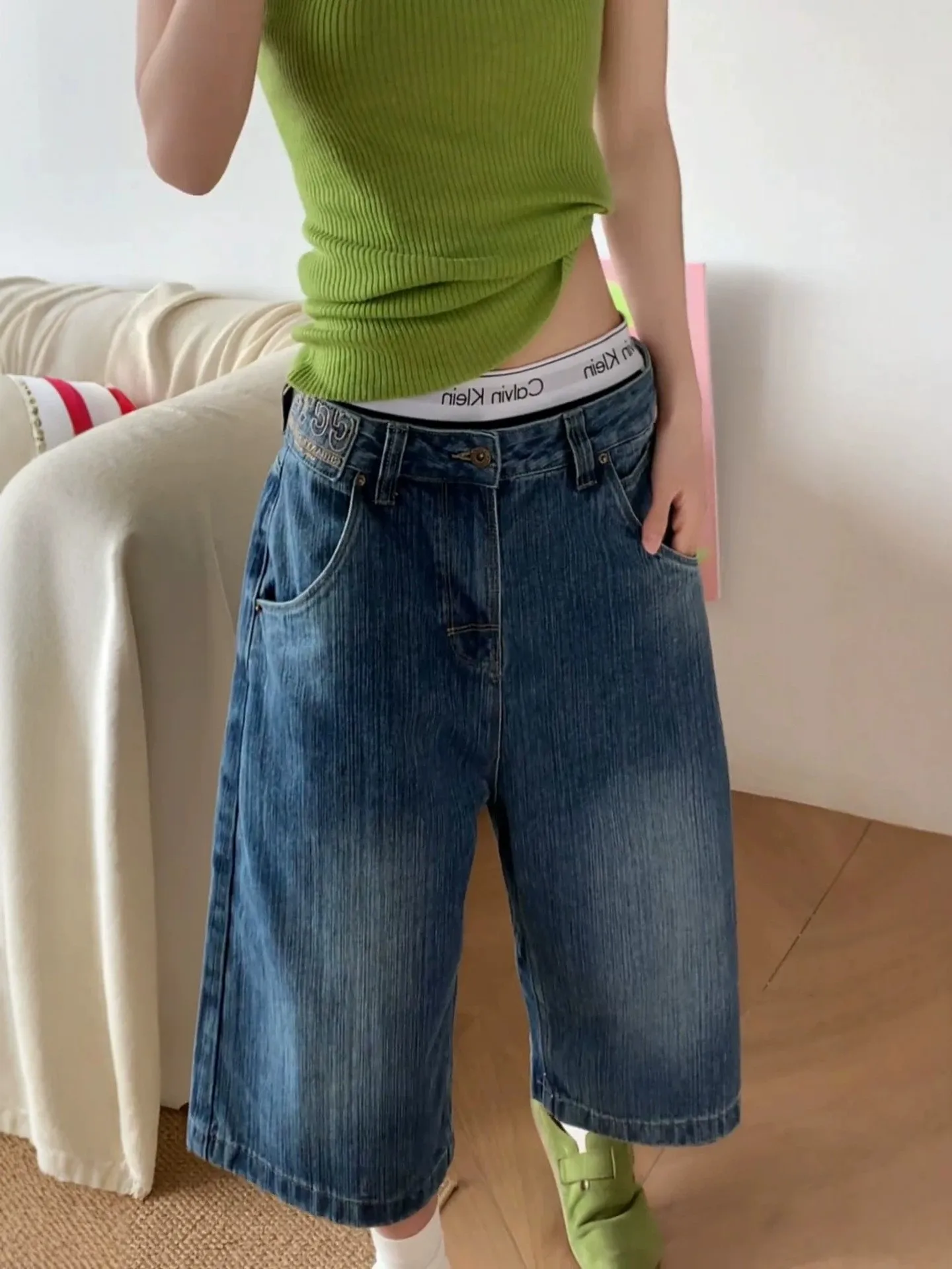 Retro American Large Size Denim Pants Women's Design Sense Casual Wide Leg Mid-Pants Bamboo Node Worn-look Jeans