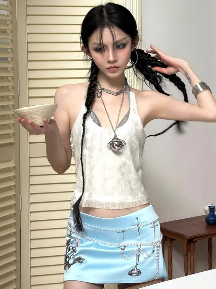 

Блестящая синяя мини-юбка А-силуэта ручной работы с узором в виде канделябров, женская модная нишевая модель, высококачественная, гламурная, трендовая, повседневная одежда