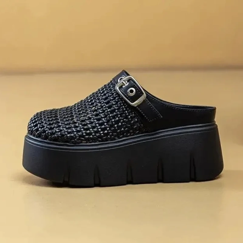 

Высококачественные брендовые тапочки на танкетке из синтетической микрофибры, 7 см, дышащие женские сандалии без шнуровки, туфли с круглым носком