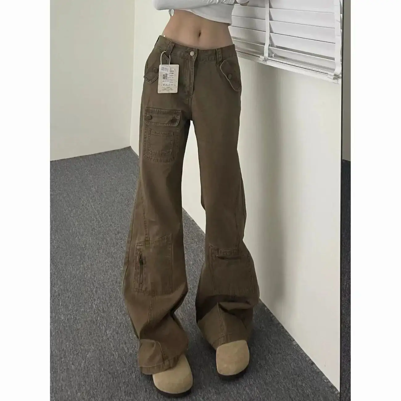 Vintage High Waisted Micro Flared Jeans Women Khaki Cargo Pants Y2k Button Multi Pockets Denims Trousers Floor Length
