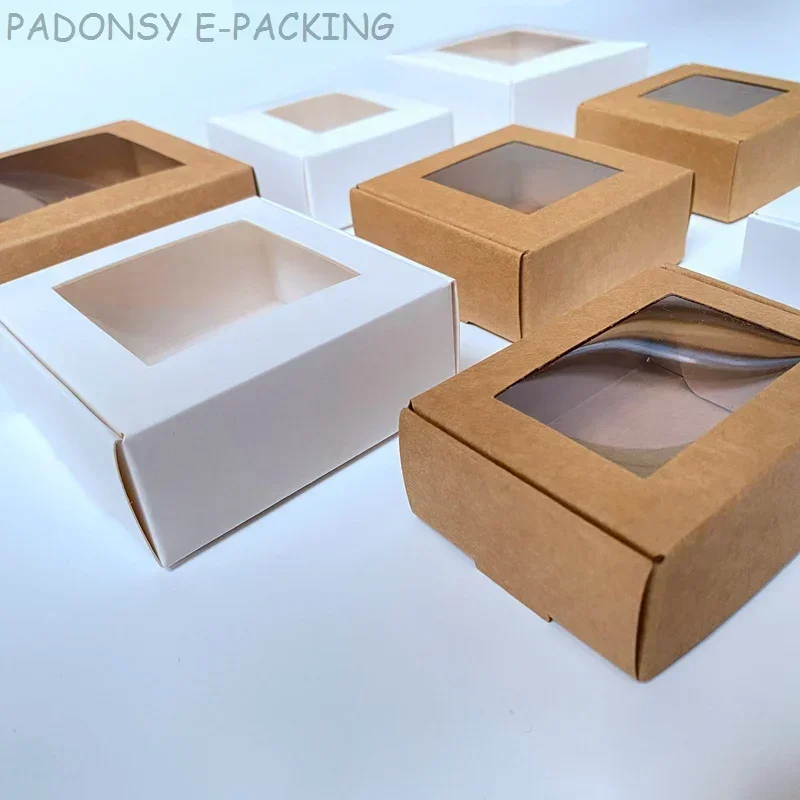 50pcs 크래프트 종이 사탕 상자 창 비누 포장 상자 웨딩 크리스마스 베이비 샤워 초콜릿 선물 상자 포장