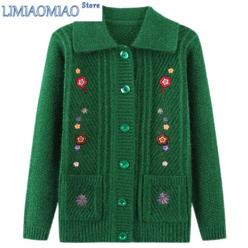 

Embroidered Middle-Aged Elderly Mother Autumn Knitting Shirt Coat Elder Sweater Cardigan Old Lady Keep Warm Clothing Primer