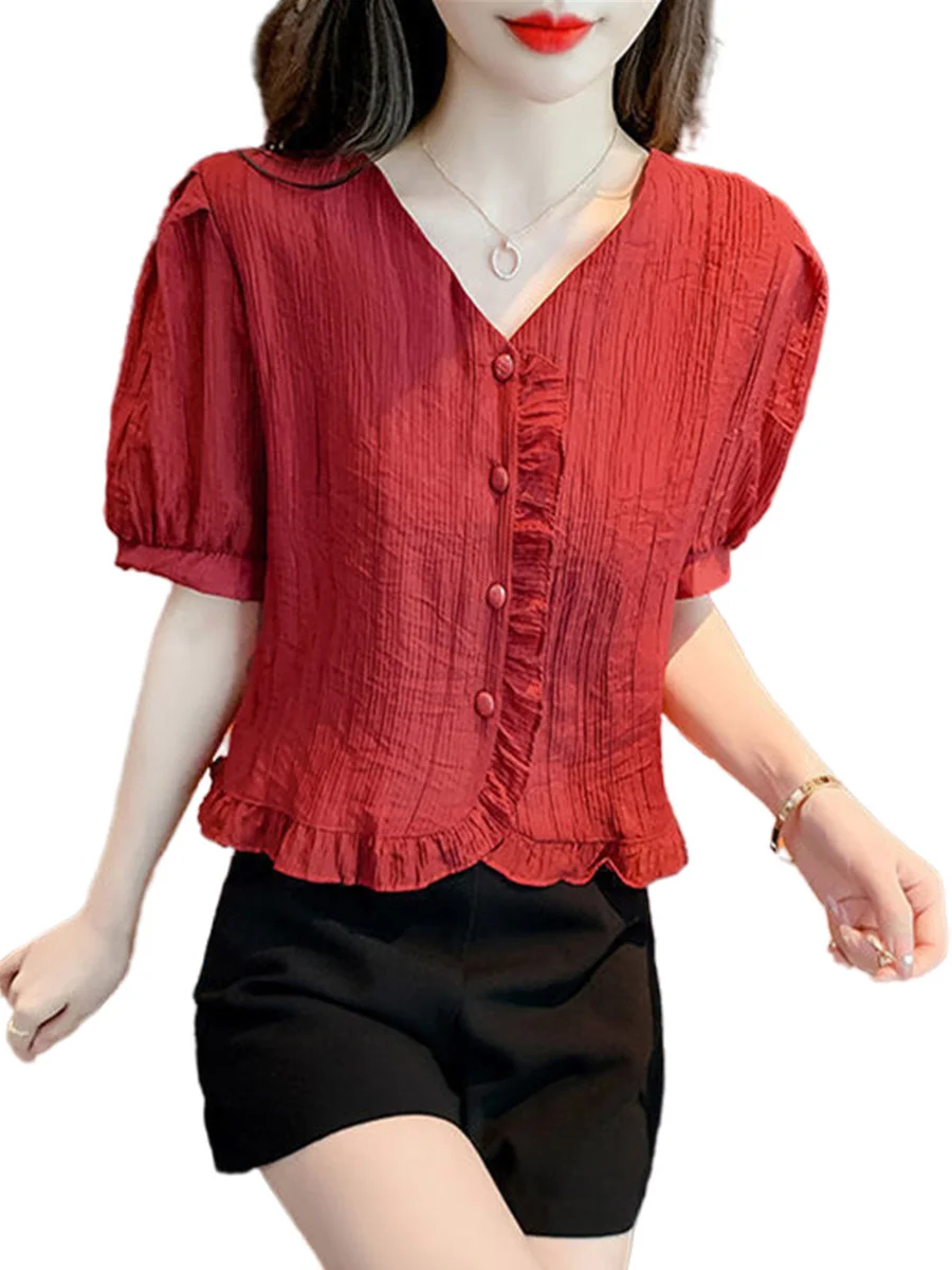 Women Spring Summer Spring Shirts Lady Fashion Casual Short Sleeve V-Neck Collar Solid Color Romantic Blusas Tops TT2566