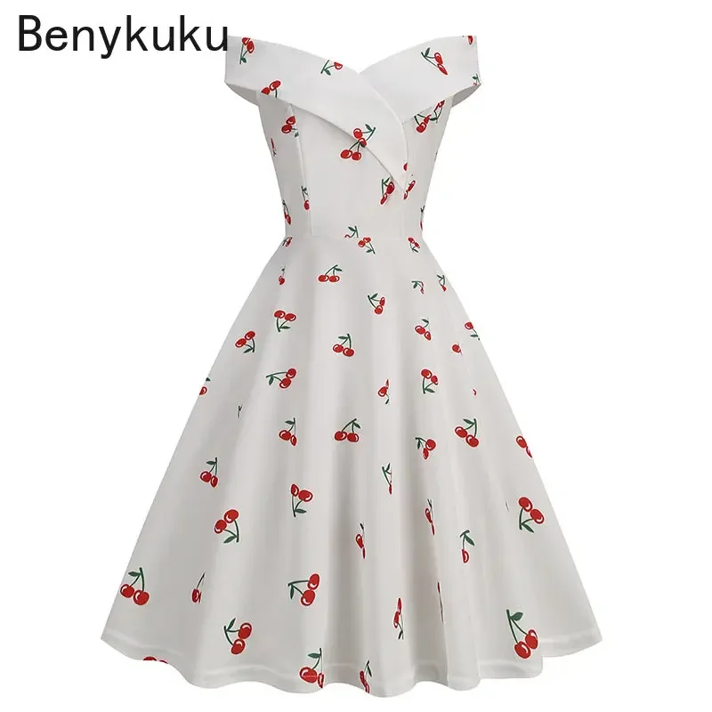 Cherry Print Off Shoulder Evening Party Dress Women Summer Elegant Sexy V-Neck Rockabilly 50s 60s Vintage Dress Robe Femme