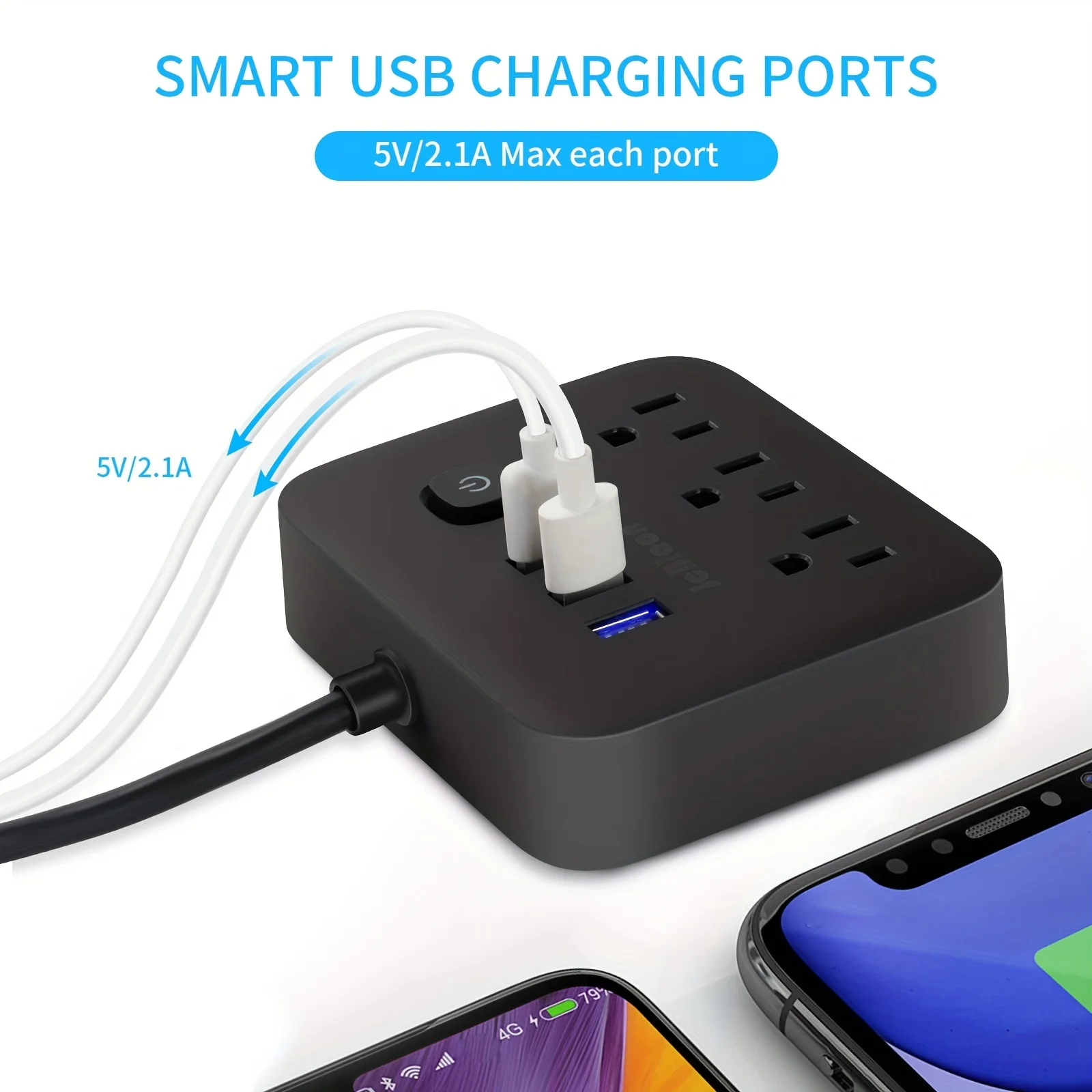 6-IN-1 Power Strip with USB Ports, Outlet Extender with 3 Outlets 3 USB, 5ft Flat Plug Extension Cord Desktop Charging Station