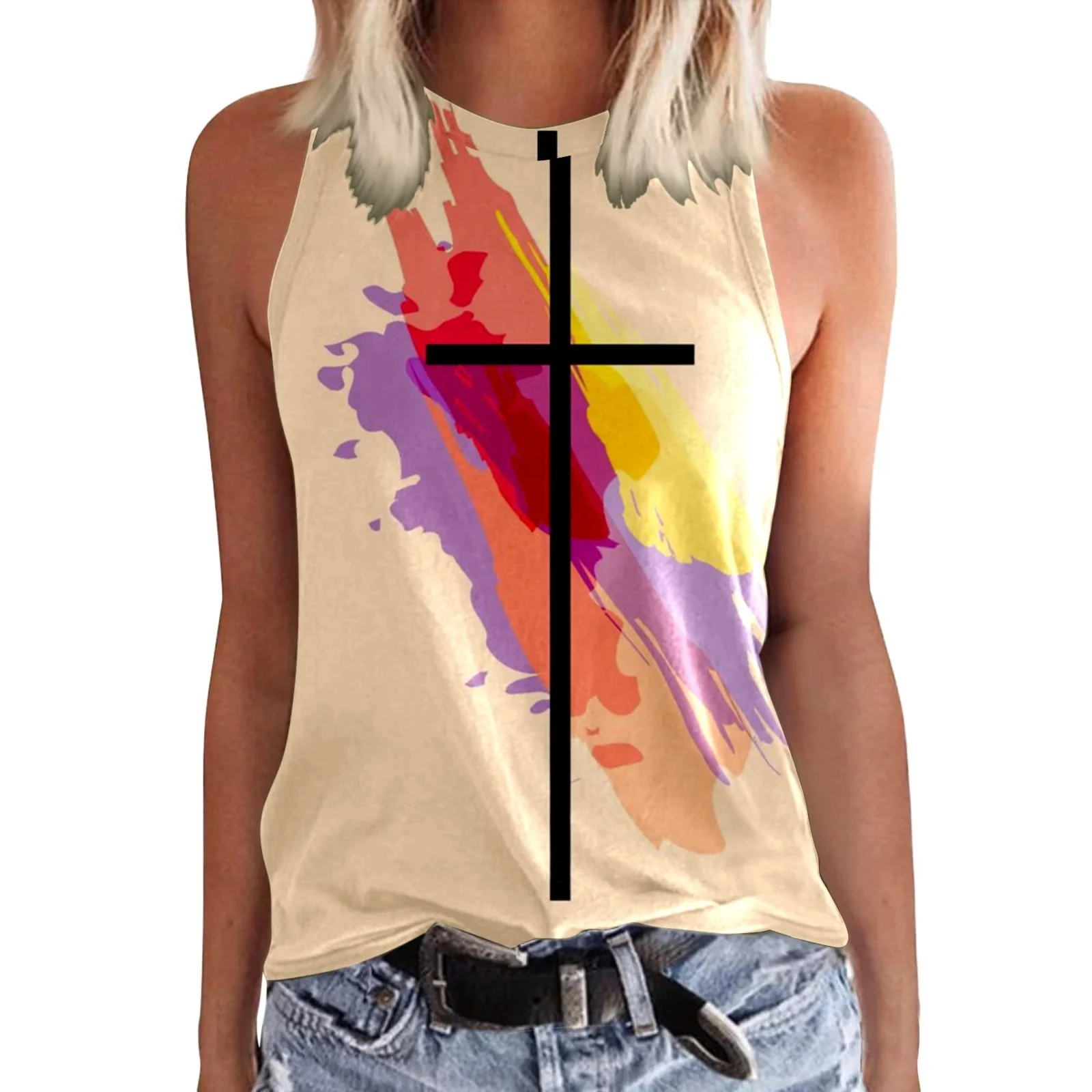 Summer Jesus Cross 3D Print Tank Tops Women O-Neck Vintage Casual Vest Off Shoulder Y2k Sleeveless Top Camisole Woman Clothing