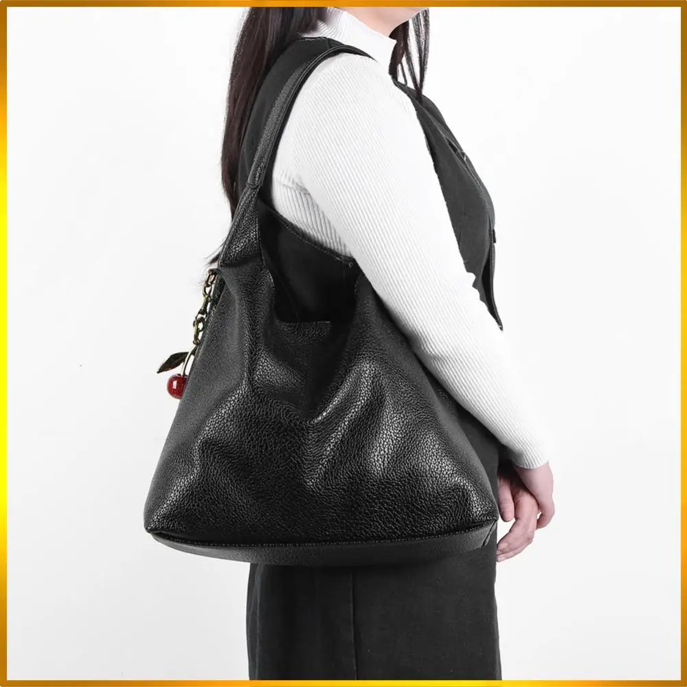 

Women PU Fashion Shoulder Bag with Cherry Pendant Simple Carrying Bag Hasp Closure Stylish Top Handle Bag Soft Commuting Bag