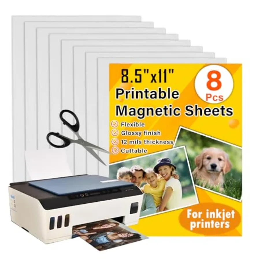 Printable Magnetic Sheets 8.5 x 11, Glossy 8 Pcs for Inkjet Printers Print Paper Non-Adhesive Backing, 12 mil, Flexible Magnet