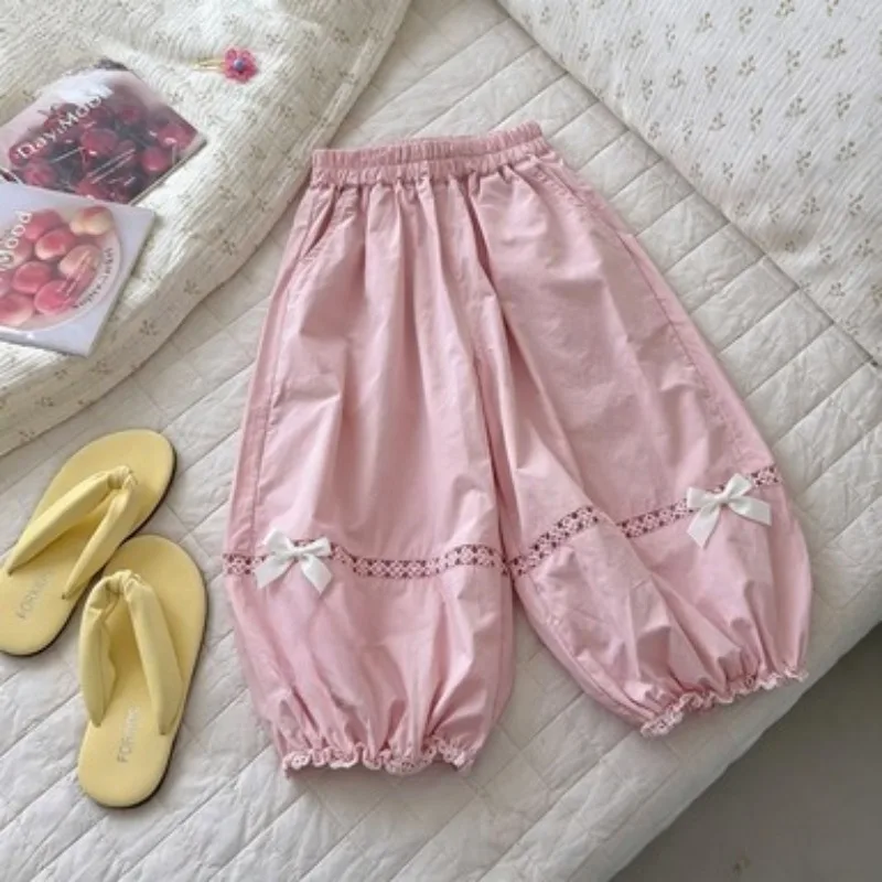 Girls 2026 New Ice Feel All Cotton Summer Pants Ice Flower Cotton Splicing Lace Casual Pants Fashionable Stylish