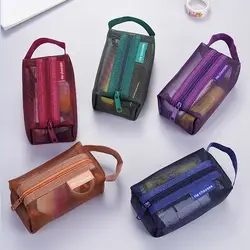 Retro Color Mesh Cosmetic Bag with Handle Transparent Make Up Bag Travel Toiletry Storage Bag Simple Portable Wash Bag