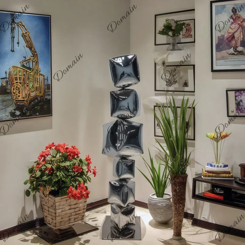 Stainless Steel Abstract Tofu Foam Sculpture Indoor Decorative Art Ornament for Living Room Corridor Hotel Store