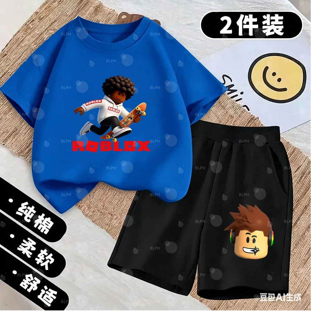 Conjunto de Camisetas para Crianças com Personagem do Roblox, Segurando Controle de Jogo, Design Moderno para Jovens Gamers