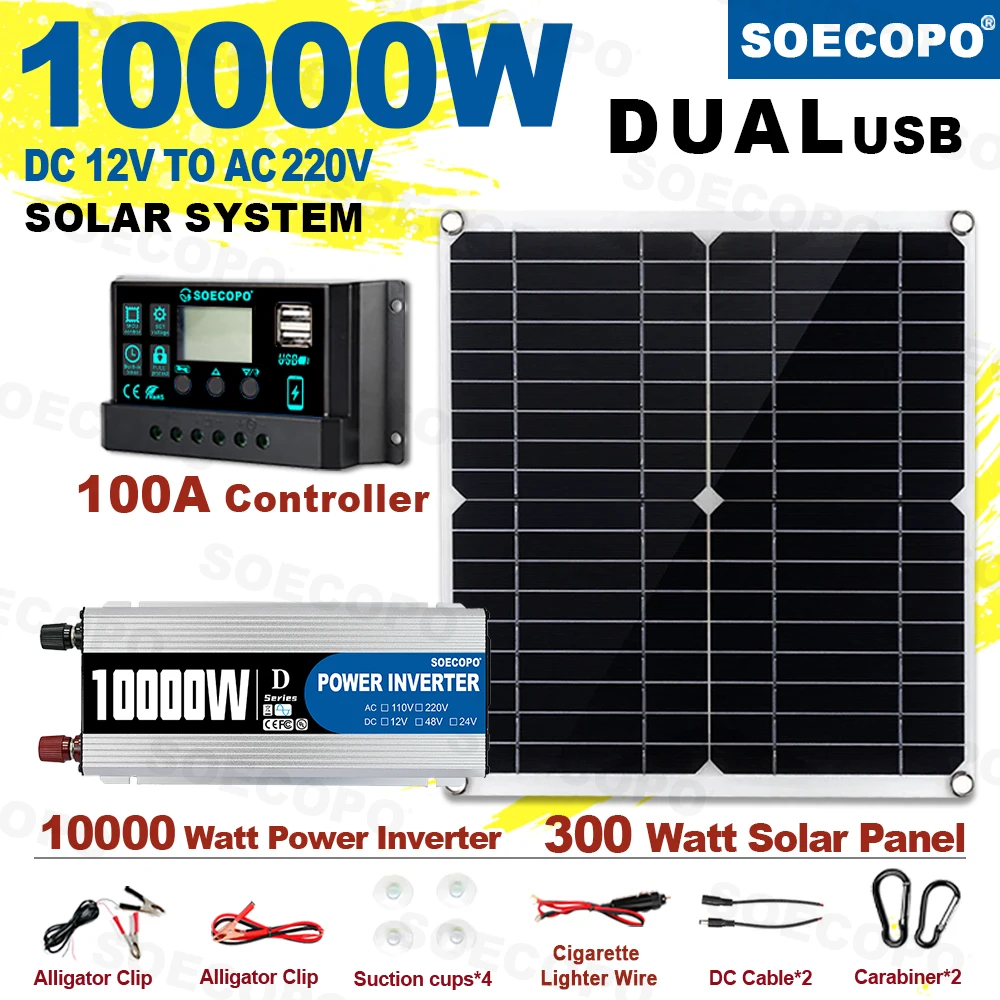 SOECOPO 10000W RV Camping Home Backup Solar System Complete Set Dual USB Inverter 220V 300W Solar Panel 100A Controller CE FCC
