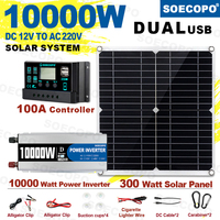 SOECOPO 10000W  RV Camping Home Backup Solar System Complete Set Dual USB Inverter 220V 300W Solar Panel 100A Controller CE FCC