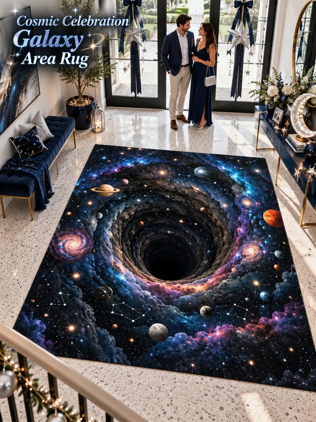 Galaxy Vortex Rug Planets Stars Illusion Floor Decor Carpet Living Room Bedroom Entryway Office Apartment Home Styling Beside Sofa Armchair Halloween Christmas Thanksgiving Housewarming Birthday Anniversary Gift for Family Friends Sisters Neighbors