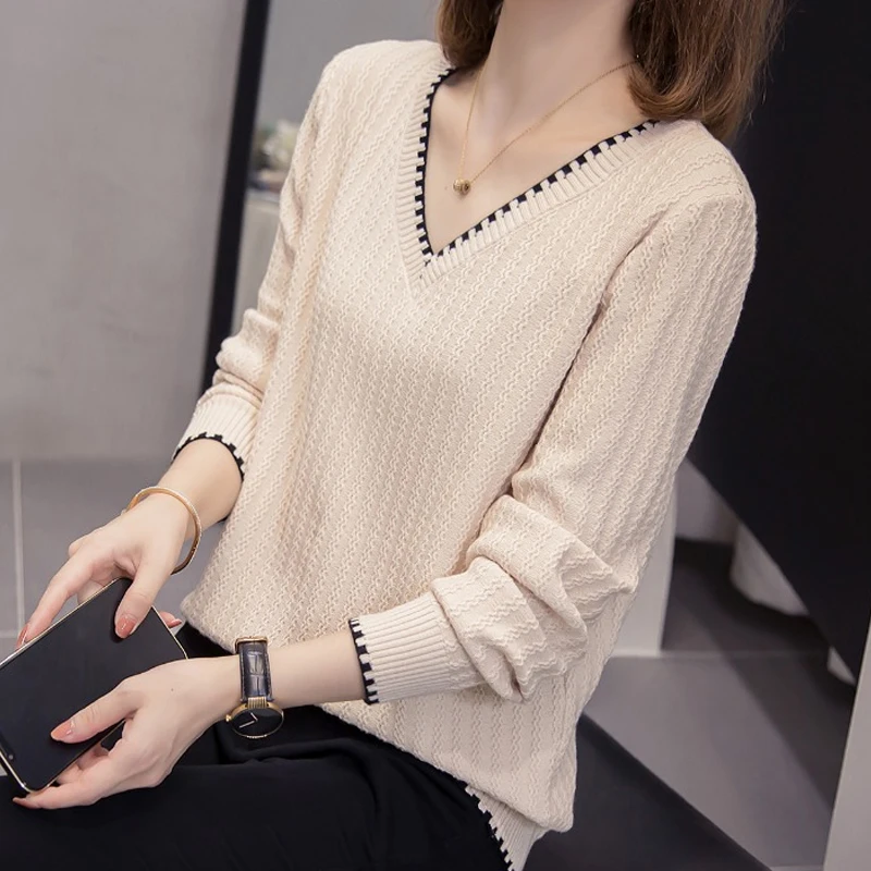 

Fashiom Long Sleeve V-Neck Knitted Women Sweater Pullover Casual Knit Sweater Women Tops Blusas Mujer De Moda 2024 Sweaters H433