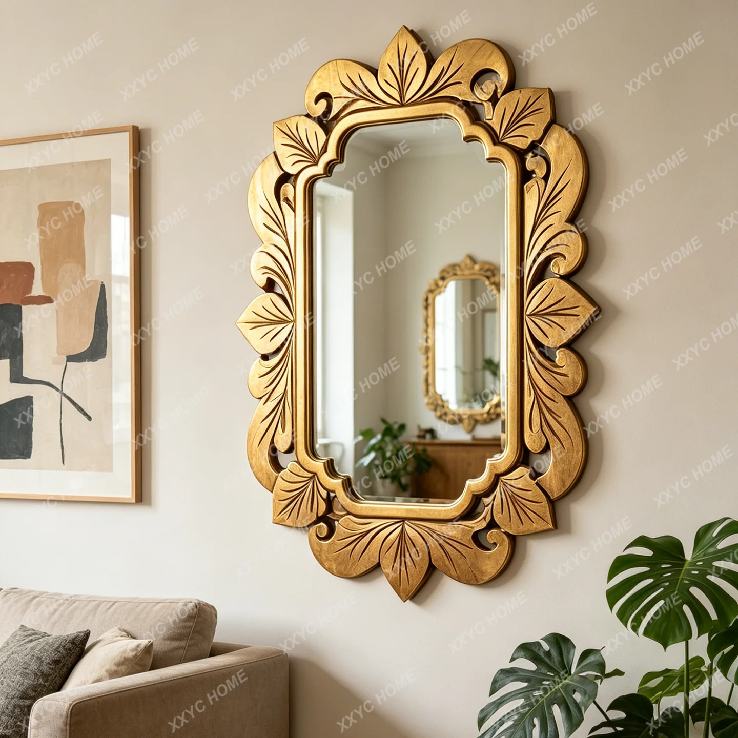carved living room entrance decorative mirror wall hanging dresser special-shaped makeup mirror American