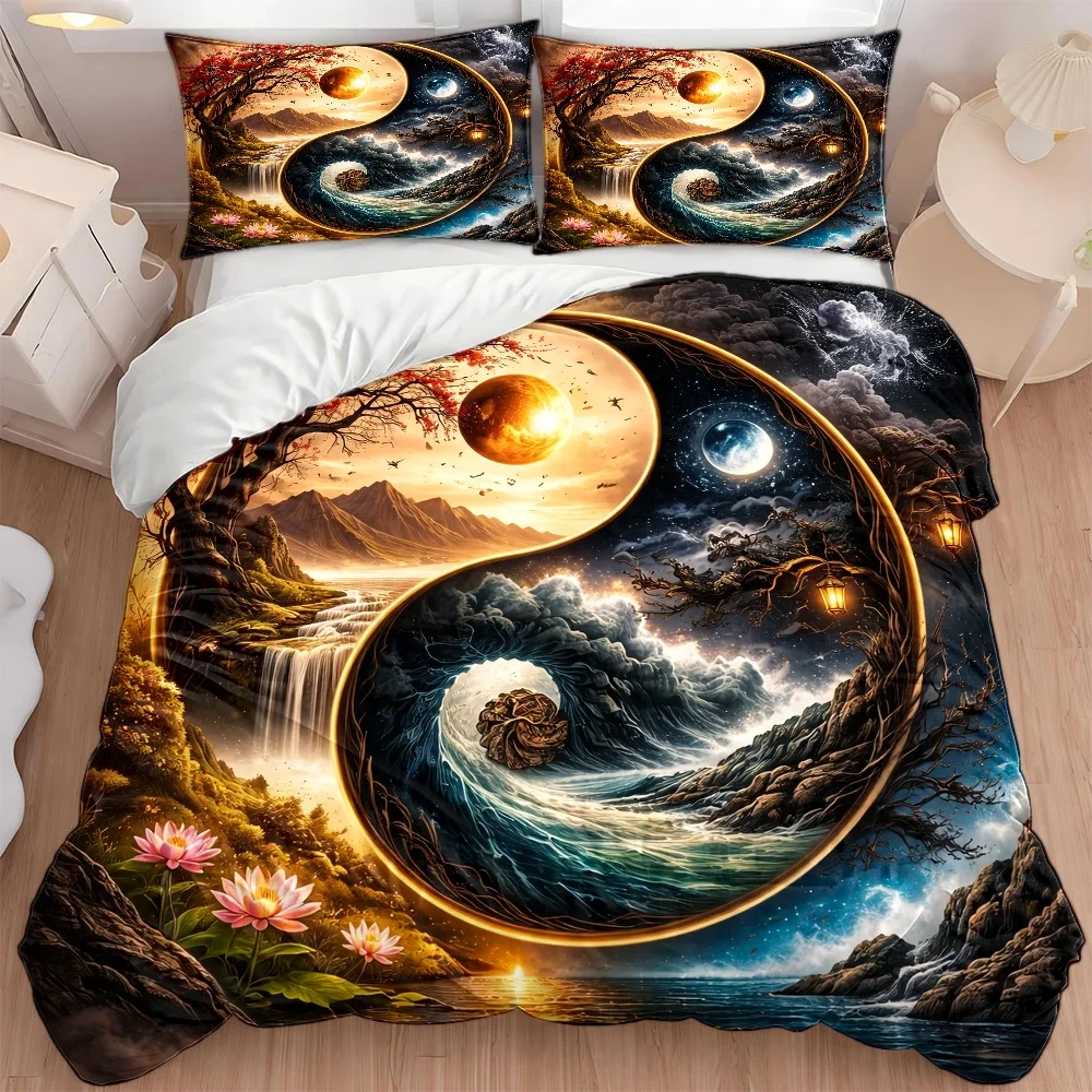 3Pc Tai Chi Yin-Yang Natural Landscape Duvet Cover Set, Three-Piece Bed Set (1 Duvet Cover + 2 Pillowcases), Suitable for All Seasons, Machine Washable, with Invisible Zipper, Large Double Bed Cover Set, Suitable for Home, Dormitory, Master Bedroom, Guest Room, Chinese Zen Landscape Floral Sea Wave Sun and Moon Bedding, Artistic Style Bedroom Decoration Bedding Set, Hot-Selling Creative Tai Chi Pattern Bedding Set, Durable and Skin-Friendly, Suitable for Home and Dormitory Use, Three-Piece Bed Set