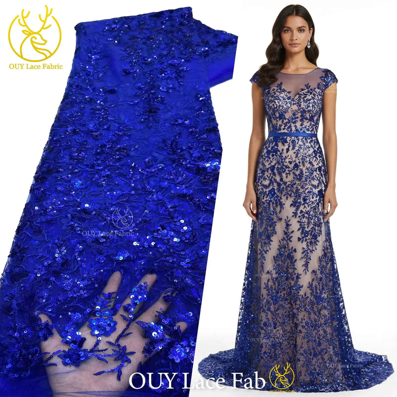 

Королевская синяя изысканная кружевная ткань с блестками и цветочной вышивкой 2026, нигерийский тюль, кружевная ткань для вечерних платьев, швейный материал