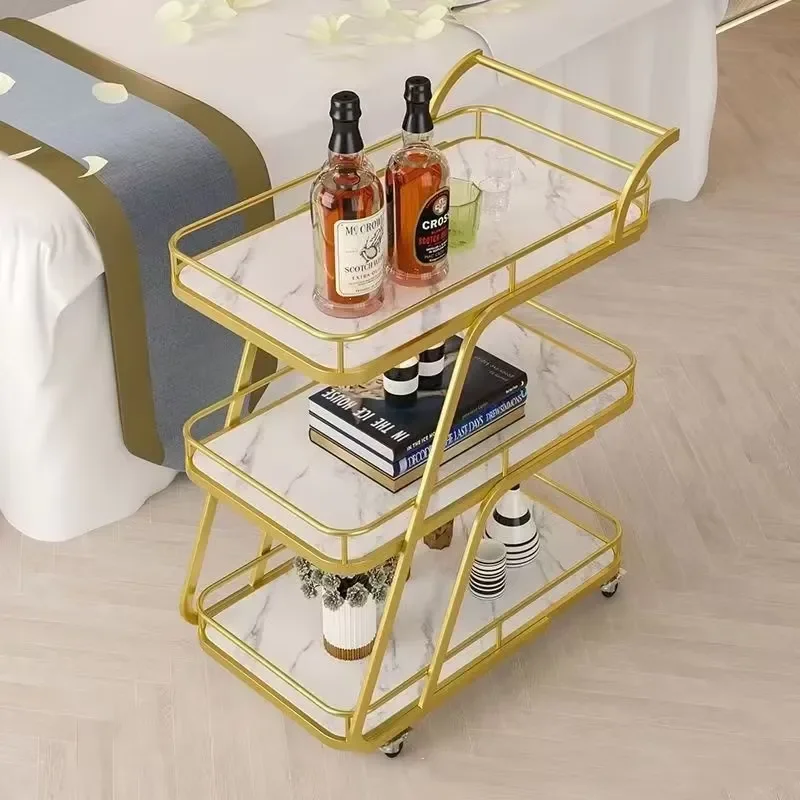 3 Layer Gold Metal Bar Trolley with Wooden Mirror Service Tray for Kitchen Dining Room Living Room Hotel Home Storage Cart