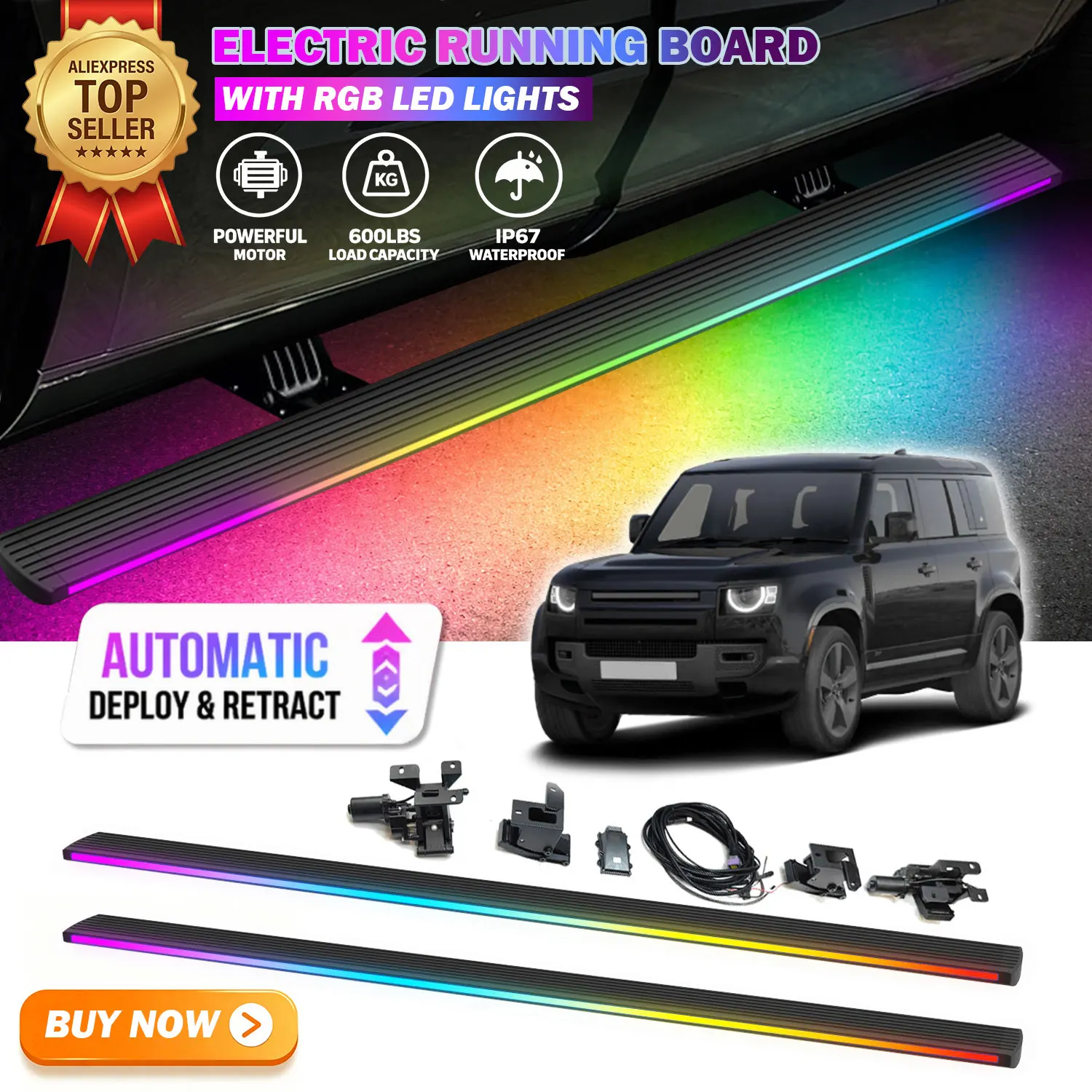 Deployable Power Electric Running Boards Fits For Land Rover Defender 110 2023-2026 with LED Light Strips Side Step Nerf Bars