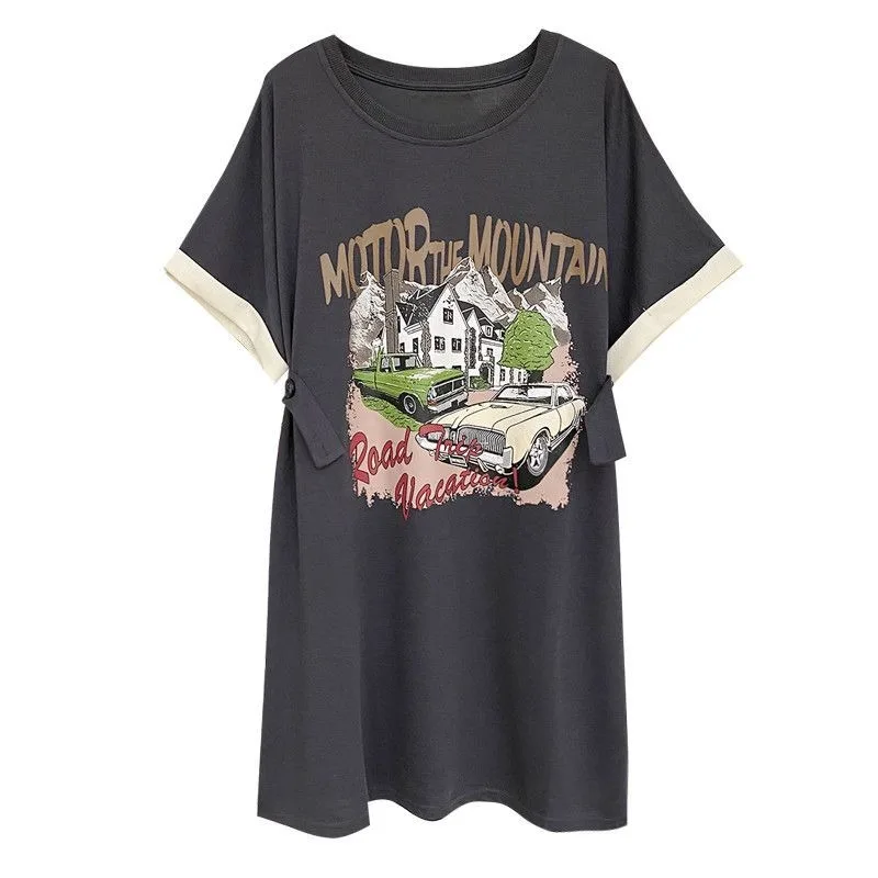 T-shirt larghe con stampa casual estiva da donna Mini abito 2025 Abiti a maniche corte con lettera di nuova moda Comodo abbigliamento con o-collo