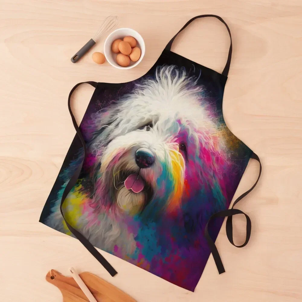 Old English Sheepdog Synesthetic Splash Painting Apron Chef Uniform Woman Kitchen And Home Items Apron