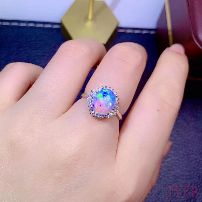 Natural opal woman rings change fire color mysterious 925 silver adjustable size 8*10MM