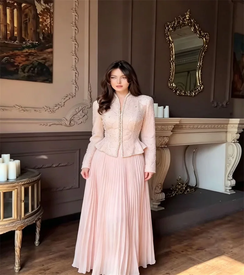 Vintage Long Sleeve Prom Dress Beaded Fitted Peplum Top Lace‑Up Pleated Maxi Skirt Two‑Piece Party Gown Elegant Evening Robe