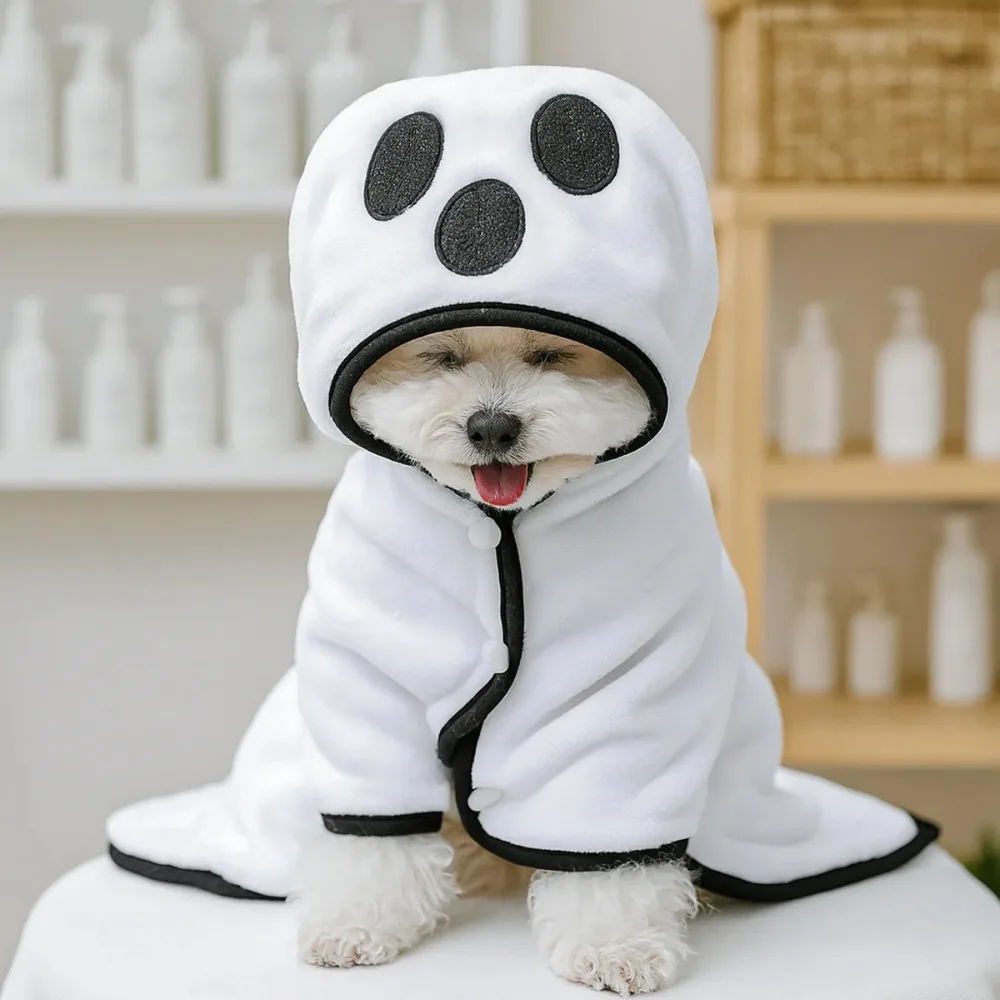 Halloween Pet Hooded Bath Towel for Small Dogs Puppy Cartoon Drying Bath Towel Absorbent Bathrobe Warm Blanket Ghost Pumpkin