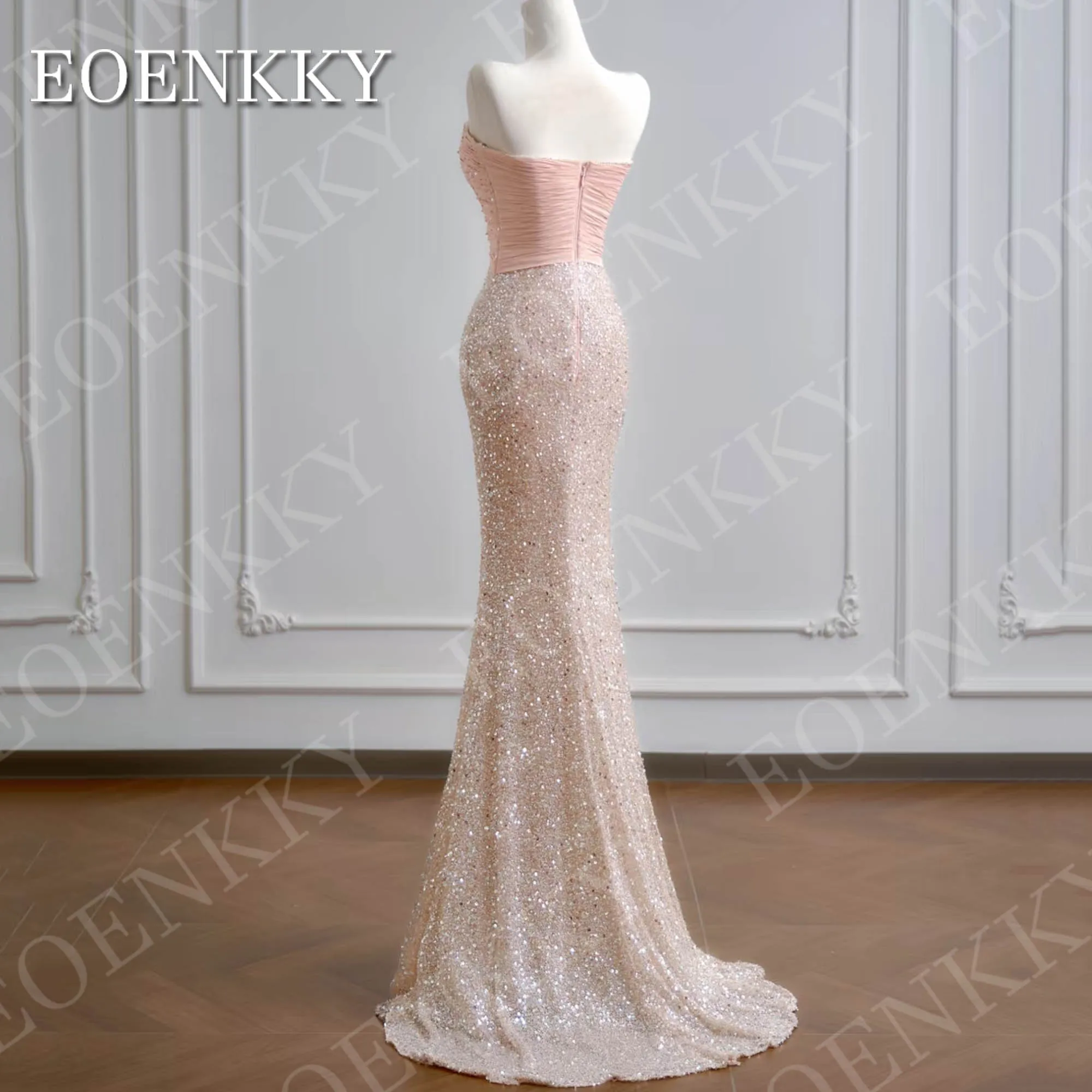 ชุดราตรีทรงเมอร์เมดแบบไม่มีสาย ปรับแต่งได้ แขนกุด หรูหรา ประดับเลื่อม คอวี สำหรับงานปาร์ตี้