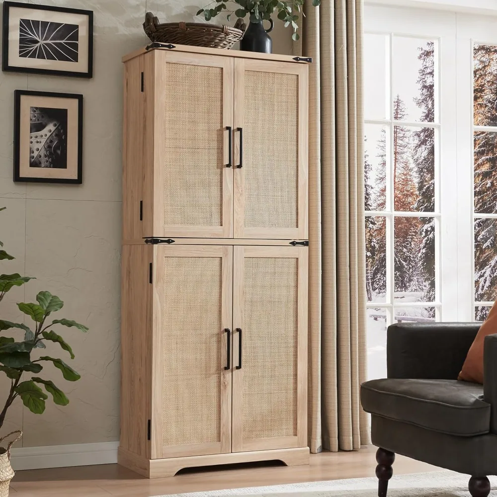 72 inch high kitchen pantry with wicker doors, storage cabinets, drawers, and adjustable shelves, wooden cabinets