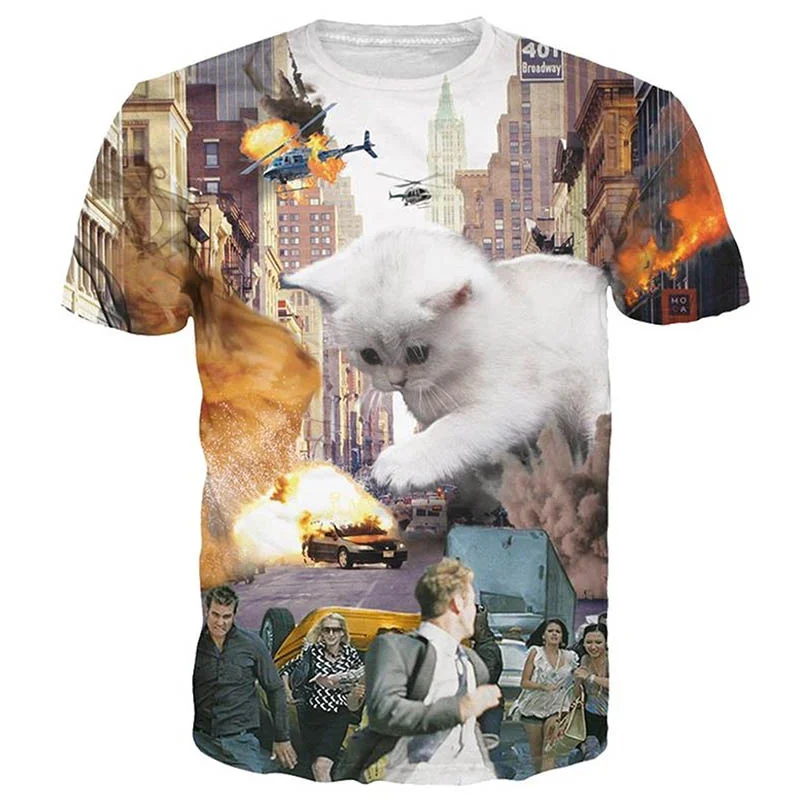 

Fashion Casual Streetwear Harajuku T Shirt Kids Clothing Animal 3D Print Funny Cat T-shirt Men Loose O-Neck Short Sleeve Tees