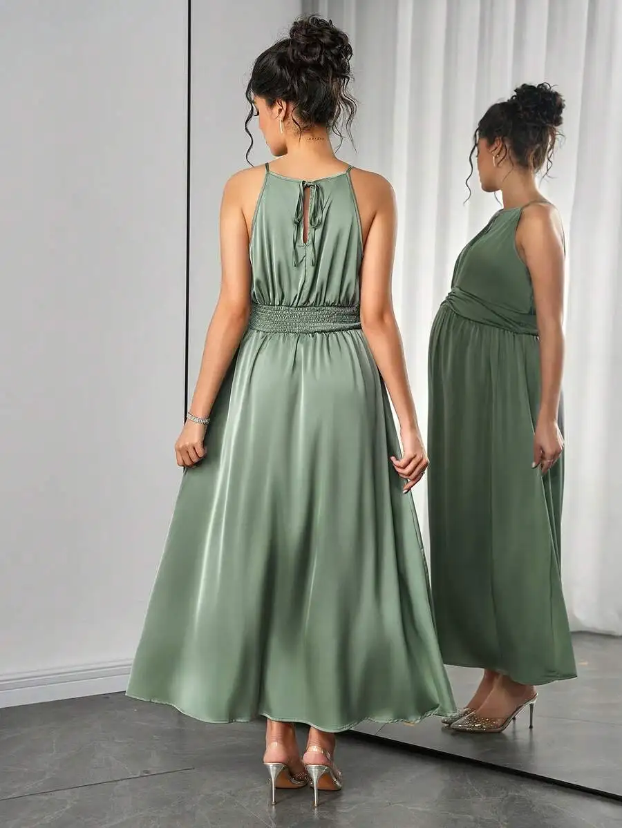 Satin Maternity Maxi Dress With Side Slit And Back Tie