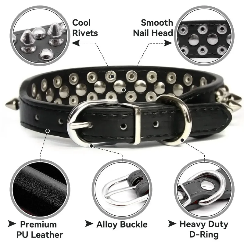 Adjustable Leather Pet Dog Collar Neck Strap Supplies Punk Rivet Spiked Dog Collar Pet Collars for Small Dogs Cats